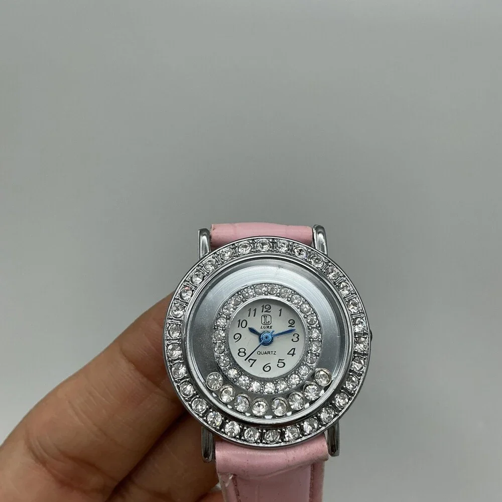 Lure Women Watch 30mm Silver TonePink Leather Floating Crystal Bezel New Battery